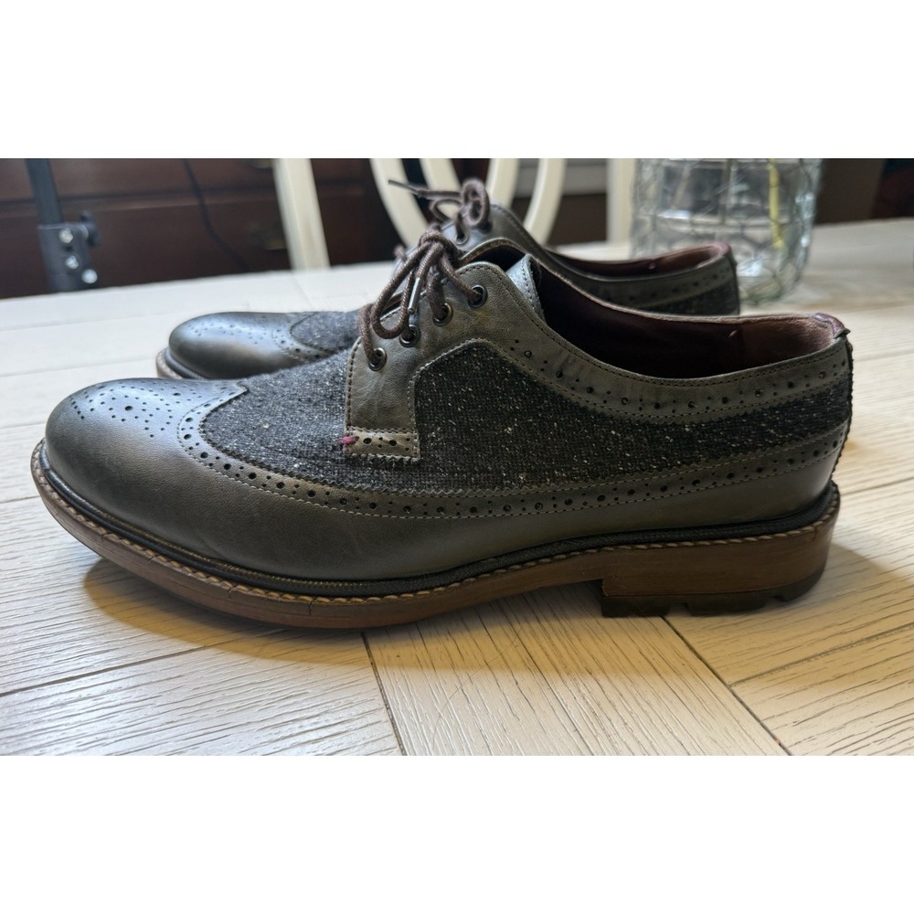 Ted Baker Casbo Olive Green Leather Navy Textured Fabric Lace Up Wingtip Shoe 44